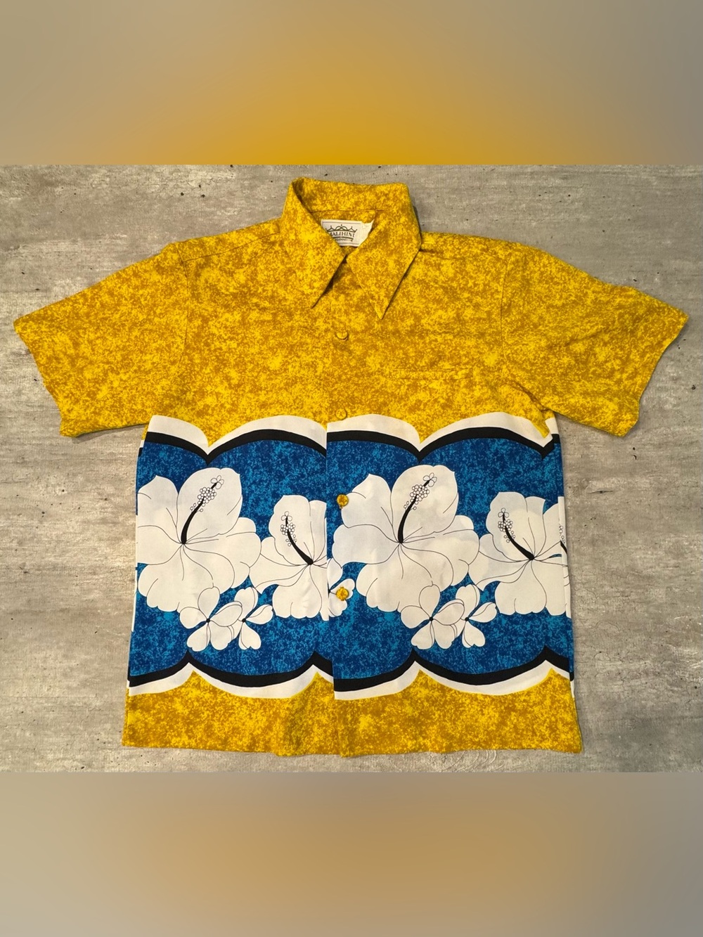 Vintage Malihini Hawaii Hibiscus Hawaiian Aloha Shirt Yellow & Blue, Men’s Large